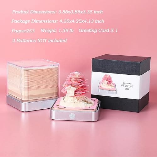 RSLIPIN 3D Memo Pad Time Piece Calendar 2026,3D Calendar Memo Pad DIY Notes Notepad Paper Craft Art Romantic Tree House,2026 3D Desk Calendar With LED Lights,Pink thumbnail 7