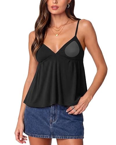 SUUKSESS Women V Neck Babydoll Tank Tops with Built in Bra Summer Cute Peplum Cami Going Out Tops - Image 1