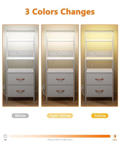 Furnulem Night Stand, Tall White Nightstand with 4-Tier Shelves, 2 PU Fabric Drawers and Light Tube, Bed Side Tables with Charging Station, Bedside Table for Bedroom thumbnail 5