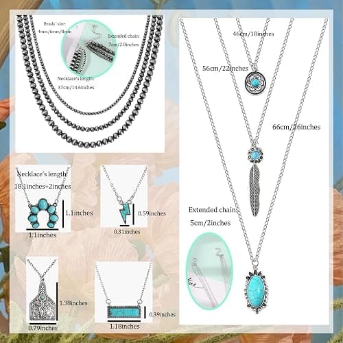WAINIS 6PCS Western Necklaces for Women Layered Navajo Pearl Necklace Turquoise Cow Lightning Horseshoe Pendant Necklace Cowgirl Boho Set thumbnail 2