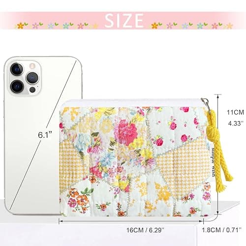 Modacarry Cotton Quilted Floral Coin Purse Digital Camera Pouch with Cute Prints Zipper for Women Girls (YELLOW DISTY PATCH) thumbnail 3