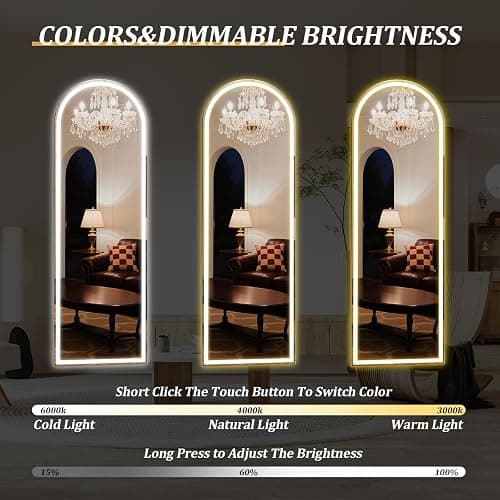 ZENOMIRRIS LED Arched Full Length Mirror with Lights 63"x20" - Lighted Floor Mirror with Dimming & 3 Color Lighting, Aluminum Frame Standing Leaning or Hanging for Bedroom Cloakroom White thumbnail 3