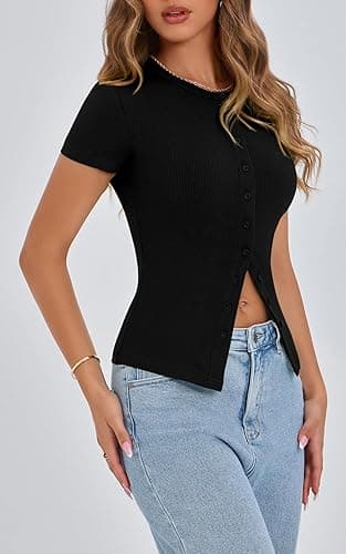 PRETTYGARDEN Women's Short Sleeve Summer Tops 2025 Trendy Ribbed Knit Button Up Tight Basic Tees Shirts Going Out Y2K Clothes thumbnail 7