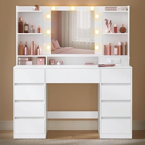 VASAGLE Kailyn Collection - Vanity Desk with Mirror and 9 LED Bulbs, Vanity Makeup Table with Power Outlets, Dressing Table with 9 Drawers, for Bedroom, Cloud White URDT141WB01S - Image 1