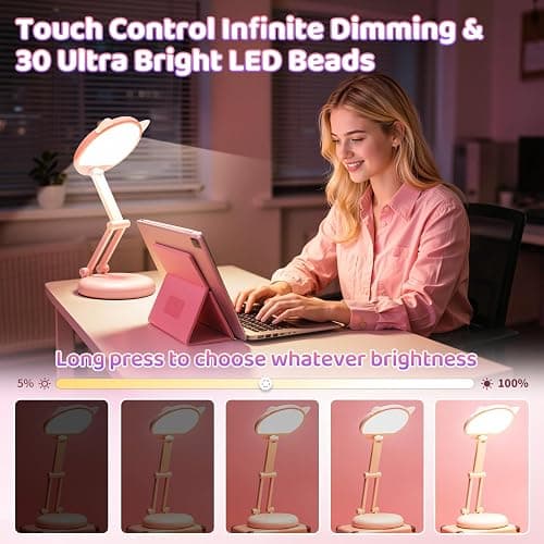 One Fire Cute Desk Lamp Pink Dorm Lamps for College Girls Foldable Portable Rechargeable Dimmable Cute Cat Lamp Kawaii Room Decor,College Dorm Decor for Girls Pink Classroom Essentials thumbnail 4