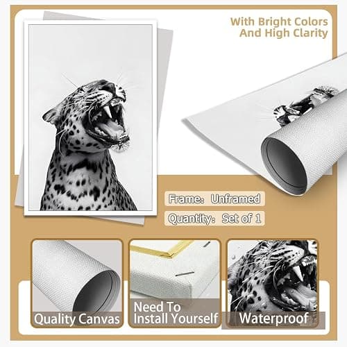 Funny Animal Posters Black and White Leopard Roaring Wall Art Vintage Cheetah Decor Trendy Print Canvas Eclectic Wildlife Aesthetic Prints for Living Room Bedroom Bathroom Poster 12x16in Unframed thumbnail 7