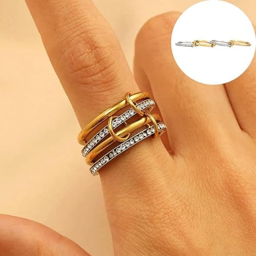 GmwyCzV Stapelbar Ringe für Damen, 18K Vergoldet Cubic Zirkonia Ringe, Gold und Silber 4 Ineinandergreifende Ring, Vergoldete Ringe, für Den Alltag Oder Besondere Anlässe(Größe 7) thumbnail 7