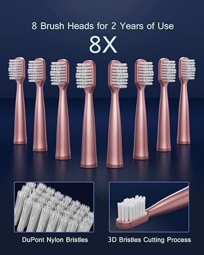 AJELU Sonic Electric Toothbrush for Adults, USB Rechargeable Sonic Toothbrush with 8 Brush Heads, Smart Timer, 5 Modes, 2-Hour Fast Charge Last 30 Days, Pink thumbnail 6