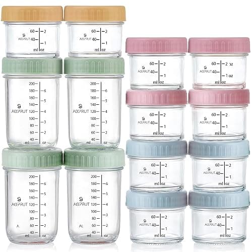 ACEPRUT 14 Stück Glas Babybrei Einfrieren Behälter, Beikost Baby Zubehör, Babynahrung Aufbewahrung, Auslaufsicher, BPA-frei, Mikrowelle, Geschirrspüler & Gefrierschrank sicher - Image 1
