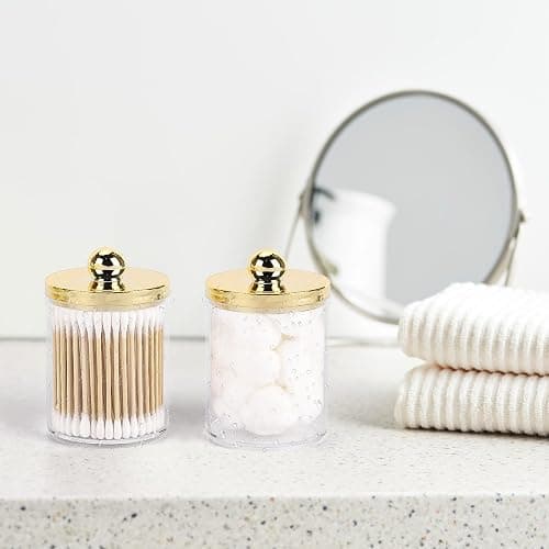 Tbestmax 10oz Qtips Holder - Plastic Apothecary Jar with Gold Lids for Cotton Swab, Cotton Round Pads, Floss - Gold thumbnail 2