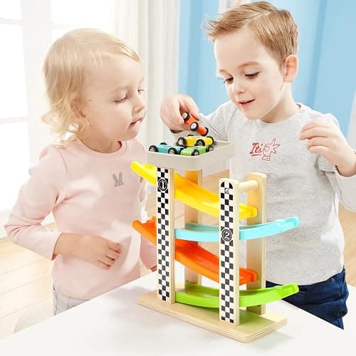 Toddler Toys for 1 2 Year Old Boy and Girl Gifts Wooden Race Track Car Ramp Racer with 4 Mini Car thumbnail 2