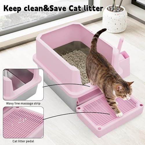 RIZZARI Pink Open-Top Cat Litter Box with Stainless Steel Pan - Extra-Large, Non-Porous & Easy Clean, High Sides Anti-Scatter, Includes Scoop, for Apartment Bathroom or Laundry Room thumbnail 5