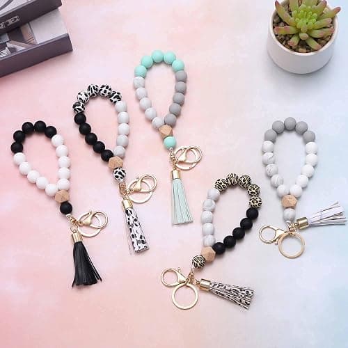 BAOSIWA Silicone Key Ring Bracelet Wristlet Keychain Unique Beaded Bangle Key Chains for Women with Leather Tassel thumbnail 7