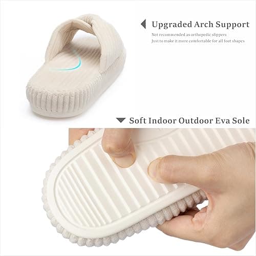 Chantomoo Slippers for Women Memory Foam House Bedroom Corduroy Bow Crossbands Slide Slipper Shoes Comfy Trendy Gift Slippers - 5-6 - Beige thumbnail 3