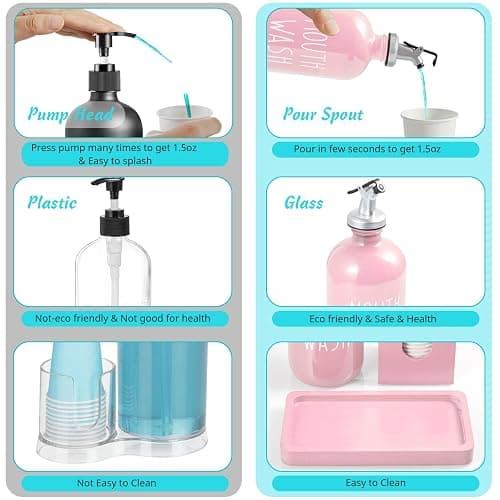 Glass Mouthwash Dispenser for Bathroom, 16 OZ Mouthwash Dispenser with Pour Spout and Wood Cup Holder and Tray, Mouth Wash Bottle Container, Farmhouse Kitchen Bathroom Decor and Accessories, Pink thumbnail 4