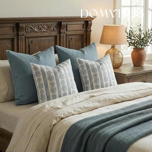 DOMVITUS Floral Throw Pillow Covers 18x18 Inch Set of 2, Block Print Decorative Pillow Covers Vintage Striped Neutral Farmhouse Boho Home Decor for Couch Sofa Bed Living Room, Light Blue thumbnail 6