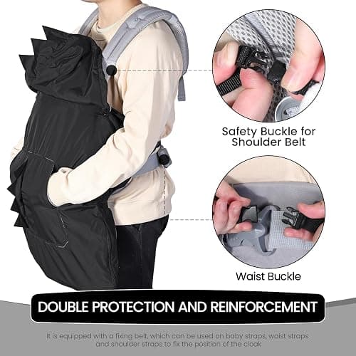 Orzbow Baby Winter Carrier Cover with Detachable Hood, Waterproof & Windproof, with Big Pockets, Universal Fit for Baby Carriers and Waist Stool | with Storage Bag, Black Dinosaur thumbnail 5