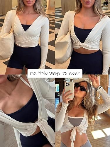 LASLULU Womens Tie Front Wrap Tops Long Sleeve Bolero Shrugs Crop Cardigan Yoga Ballet Cover up Tops Pilates Outfits thumbnail 4