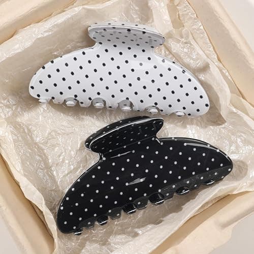 2 Acetate Hair Claw Clip for Women, 3.8-Inch Black and White Polka Dot Big Hair Clips Strong Hold No Slip Claw Clips for Thick or Thin Hair thumbnail 2