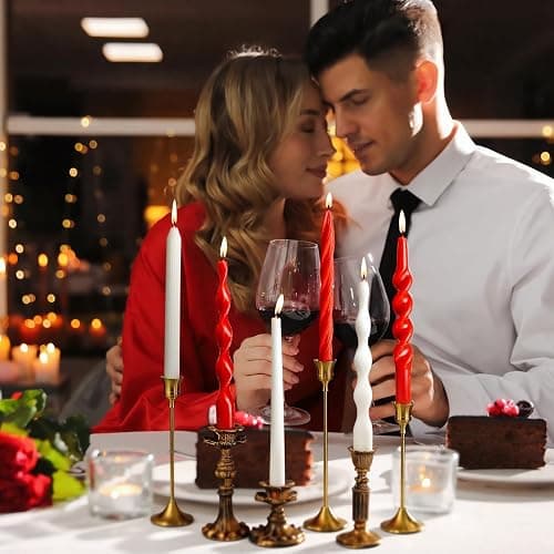 Lyrow 6 Pcs 8 Inch Colored Twisted Taper Candles Dripless Unscented Spiral Wax Taper Candle Long Swirl Tapered Candlesticks for Christmas Valentine Wedding Holiday Party Decoration(Red and White) thumbnail 3