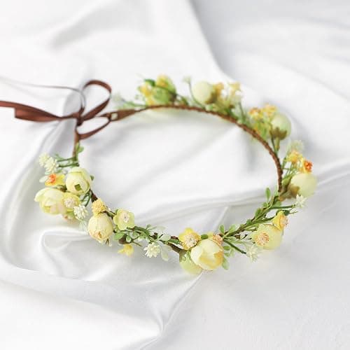 KorViSHOW Handmade Flower Crown Floral Headpiece Green Leaf Headband Wedding Flower Crowns for Bride Floral Garland Hair Wreath Birthday Party(Yellow Style) thumbnail 5
