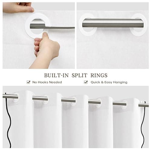 Furlinic Scalloped Shower Curtain No Hook 96 Inch White Linen Fabric Waterproof Extra Wide Wrap Around Curtain, Vintage Modern Bright Heavy Hotel Neutral Textured Elegant Cloth Curtain W 96" x H 75" thumbnail 4