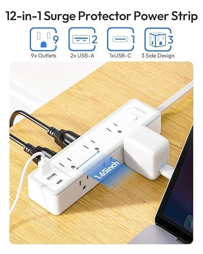 Surge Protector Power Strip 10 FT, Flat Extension Cord with 9 Widely Outlets 3 USB Ports(1 USB C), 1080J, Flat Plug, 3 Side Extension Cord with Multiple Outlets, Mounted, for Indoor Home Office, White - 10FT - White thumbnail 4