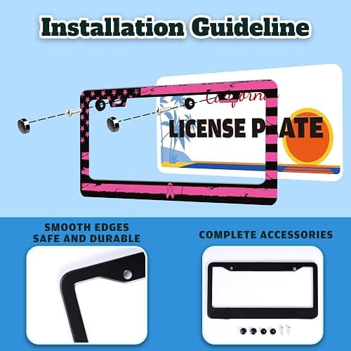 Breast Cancer Awareness Pink Ribbon License Plate Frame 2 Pack American Flag License Plate Holder for Front or Rear Car Tags Reusable Stainless Steel Funny Car Decoration with Screws 6.3 X 12.2 Inch thumbnail 4