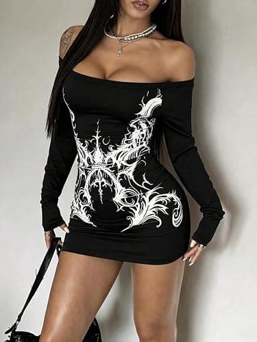 SOLY HUX Women's Off The Shoulder Y2k Mini Dress Gothic Grunge Long Sleeve Bodycon Dresses Party Clubwear thumbnail 3