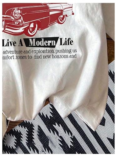 RoseSeek Women's Graphic Letter Tee Crew Neck Drop Shoulder Trendy Summer T Shirt Short Sleeve Vintage Car Print Top thumbnail 4