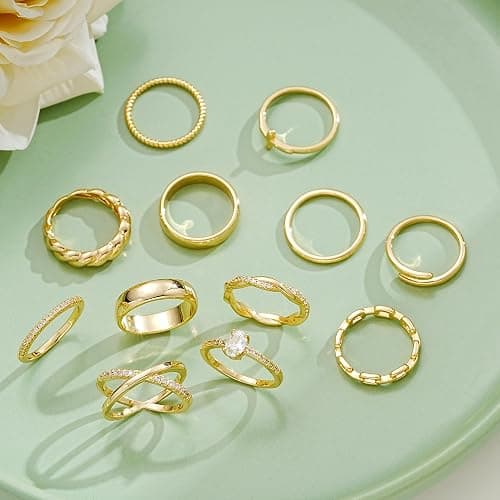 12 PCS Dainty 14K Gold Rings for Women, Eternity Open Chunky Twist Simulated Diamond Criss Cross Designs, Non Tarnish Gold Plated Stacking Thumb Ring, Perfect for Wedding Bands Size 5-11 thumbnail 3