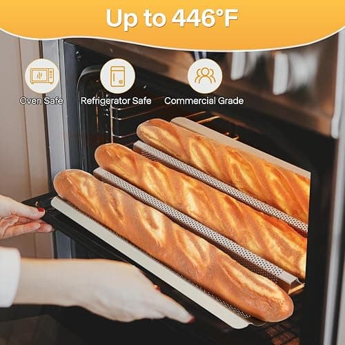 Barlket Baguette Bread Pan, Perforated French Bread Pan, Nonstick Bread Pans for Baking, with Baguette Kit – Includes Proofing Cloth & Dough Cutter, 15x11 Inch Gold, 3 Loaf thumbnail 5
