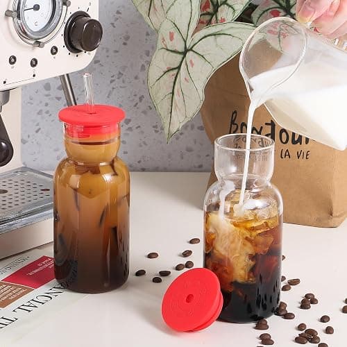 CWHHRN 17 oz Glass Cups with Lid and Straw, Glass Tumbler with Straw and Lid, Vintage Glassware for Whiskey Cocktail Beer Juice, Iced Coffee Cups with Lid (4 PACK) thumbnail 4