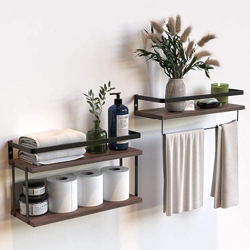 RICHER HOUSE 2+1 Tier Wall Mounted Floating Shelves Set of 2, Rustic Wood Shelf with Metal Frame, Extra Storage Rack for Bathroom, Kitchen, Bedroom with Tissue Rack & Towel Bar - Rustic Brown - Image 1
