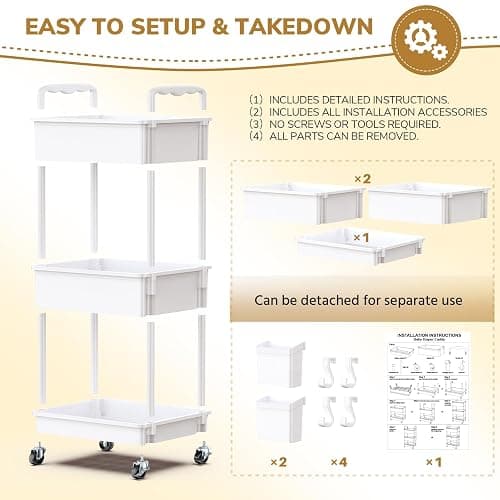 Goovilla Diaper Cart with Lockable Wheels and Easy Assembly, 3 Tier White Rolling Cart for Baby Nursery Storage, Sturdy Ample Diaper Caddy Organizer for Baby Girl, Boy, New Mom, Newborn Essentials thumbnail 6