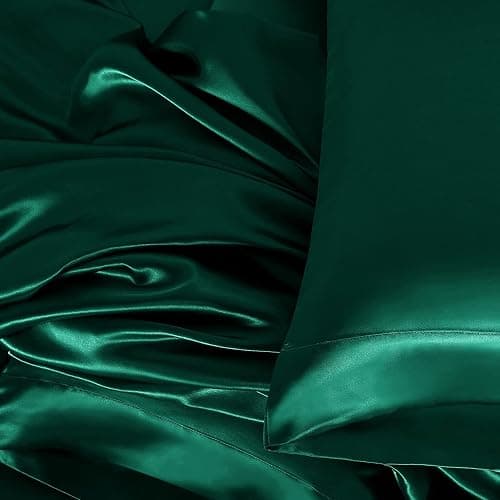 Homiest 3pcs Satin Sheets Set Luxury Silky Satin Bedding Set with Deep Pocket, 1 Fitted Sheet + 1 Flat Sheet + 1 Pillowcase (Twin Size, Blackish Green) thumbnail 6