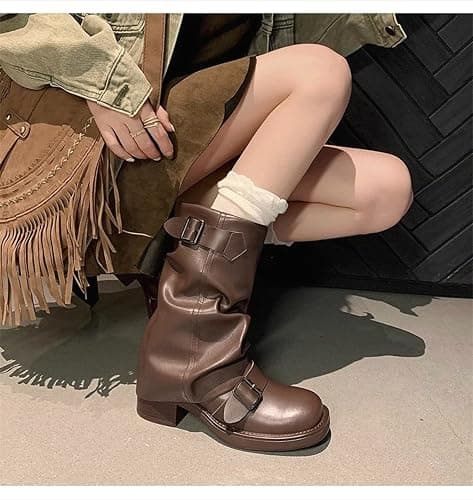 WUNAMOX Winter Boots for Women French Vintage Western High Heeled Stacked Pleated Mid Calf thumbnail 2