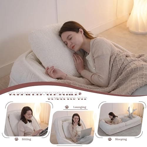 Upholstered Human Dog Bed for Adult & Pets, Convertible Lazy Sofa Bed with 5 Adjustable Position, Comfy Tatami Bean Bag Lounge Chair with 2 Soft Pillows for Bedroom Living Room Office (Beige) thumbnail 2