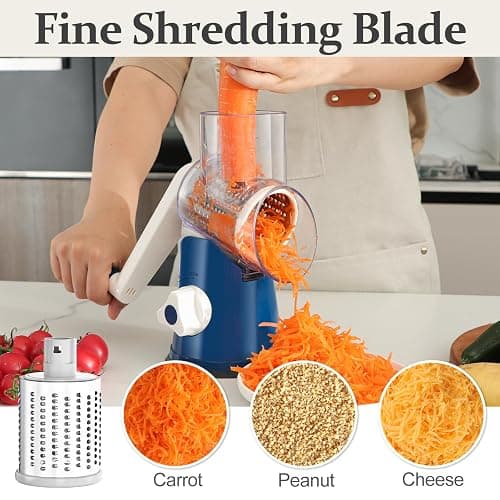 Cambom Rotary Cheese Grater Hand Crank Cheese Shredder for Fresh Cheese, Vegetable, Nuts, Non-slip Suction Base,Five Blades, Deep Blue thumbnail 6