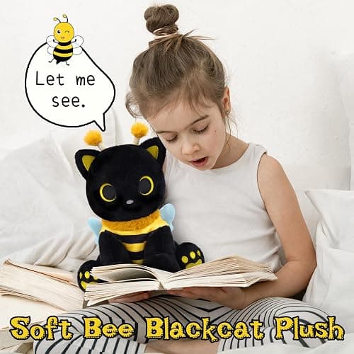 Hagusahuo Cat Plush Toy, 8inch Kawaii Black Cat Plush with Honeybee Outfit Costume, Valentines Day Gift for Her Him, Soft Huggable Plushies Toy for Kids Birthday Gifts thumbnail 4