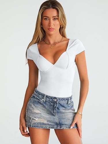 Trendy Queen Womens Summer V-Neck Backless Cute Tops Short Sleeve Sexy Slim Fit T-Shirts Y2K Clothes Corset Cami 2025 thumbnail 2