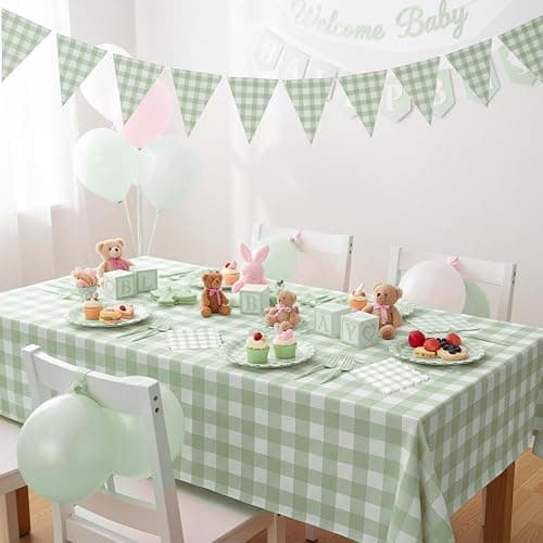 102 PCS Sage Green Gingham Party Supplies - Scalloped Plates, Napkins, Cups, Forks, Banner, Gingham Tablecloth for Baby Shower, Wedding, Birthday, Serves 25 thumbnail 5