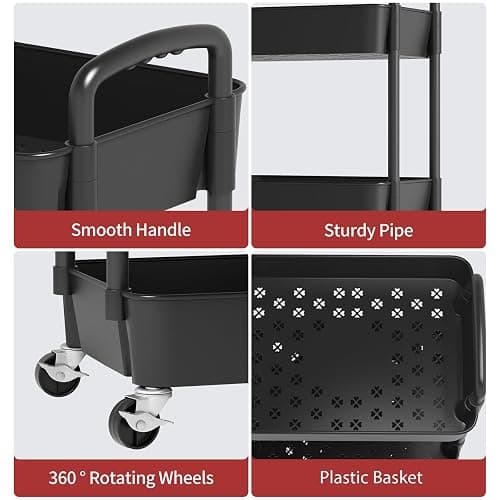 Sywhitta 3-Tier Plastic Rolling Utility Cart with Handle, Multi-Functional Storage Trolley for Office, Living Room, Kitchen, Movable Storage Organizer with Wheels, Black thumbnail 7