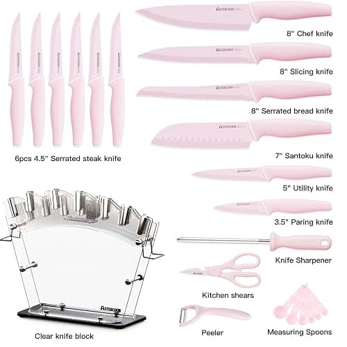 Astercook Knife Set with Block and Sharpener, 22 Piece Kitchen Knife Set Dishwasher Safe, Space-Saving Clear Knife Block with Knives for Everyday Home Cooking Pink thumbnail 9