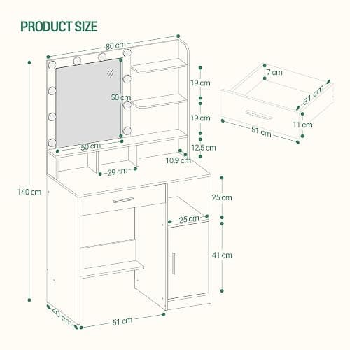 Hzuaneri Vanity Desk with Mirror and 10 LED Lights, Makeup Vanity with 3 Shelves & 4 Open Compartments, Dressing Table with Large Drawer & Cabinet, 3 Adjustable Lighting Brightness, White VT08103XCA thumbnail 2