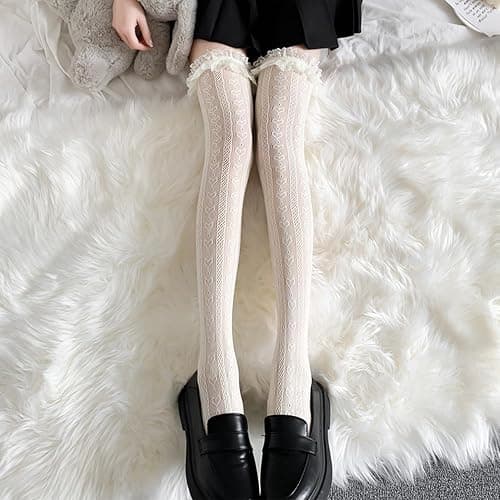 Ninejuize Thigh High Stockings with Bow, Santa Accessory Y2K Fishnet Socks with Lace Brim Lingerie Tights for Women thumbnail 3