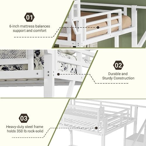 Mirightone Full Size Loft Bed with Stairs and Storage, Metal Loft Bed Frame with Bedside Shelf and Large Under-Bed Space, Heavy-Duty Loft Beds for Adults Teens and Kids, Convertible Staircase, White thumbnail 4
