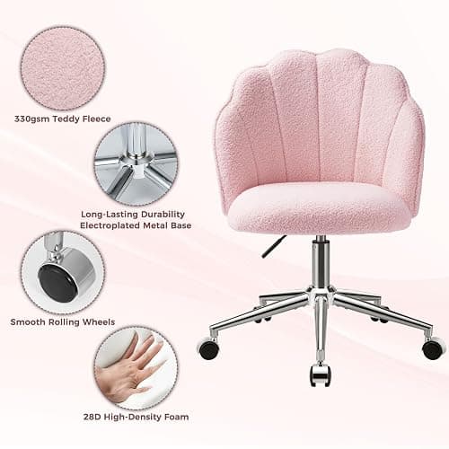 Eufurnibi Vanity Chair for Dressing Table with Wheels, Boucle Chair for Bedroom, Swivel Armchair for Home, Height Adjustable&Easy Assembly, Pink thumbnail 6