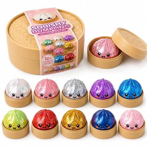 Glitter Squishy Dumpling Set with Bamboo Steamer Box, Multiple Random Colors for Adults Collection,Full Set Glitter Squishy Dumpling Collectible Pack with Steamer Box - Image 1