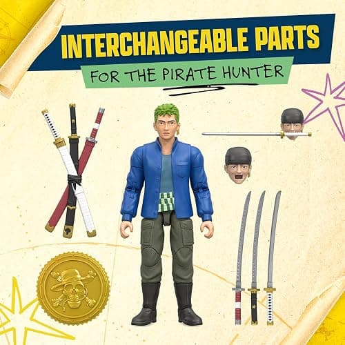 One Piece Zoro 6" (15.24cm) Action Figure with 5 Accessories. Includes Swappable Swords, Sword Holder, Swappable Face, and Berry Coin Display Base thumbnail 4